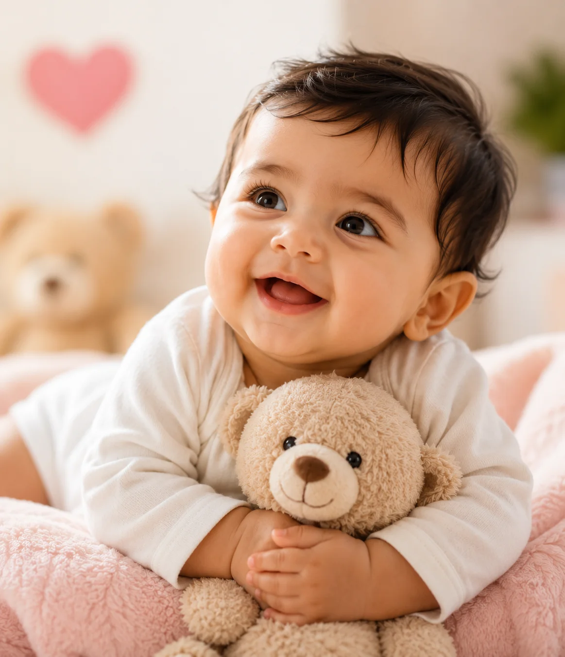 Happy baby hugging a teddy bear